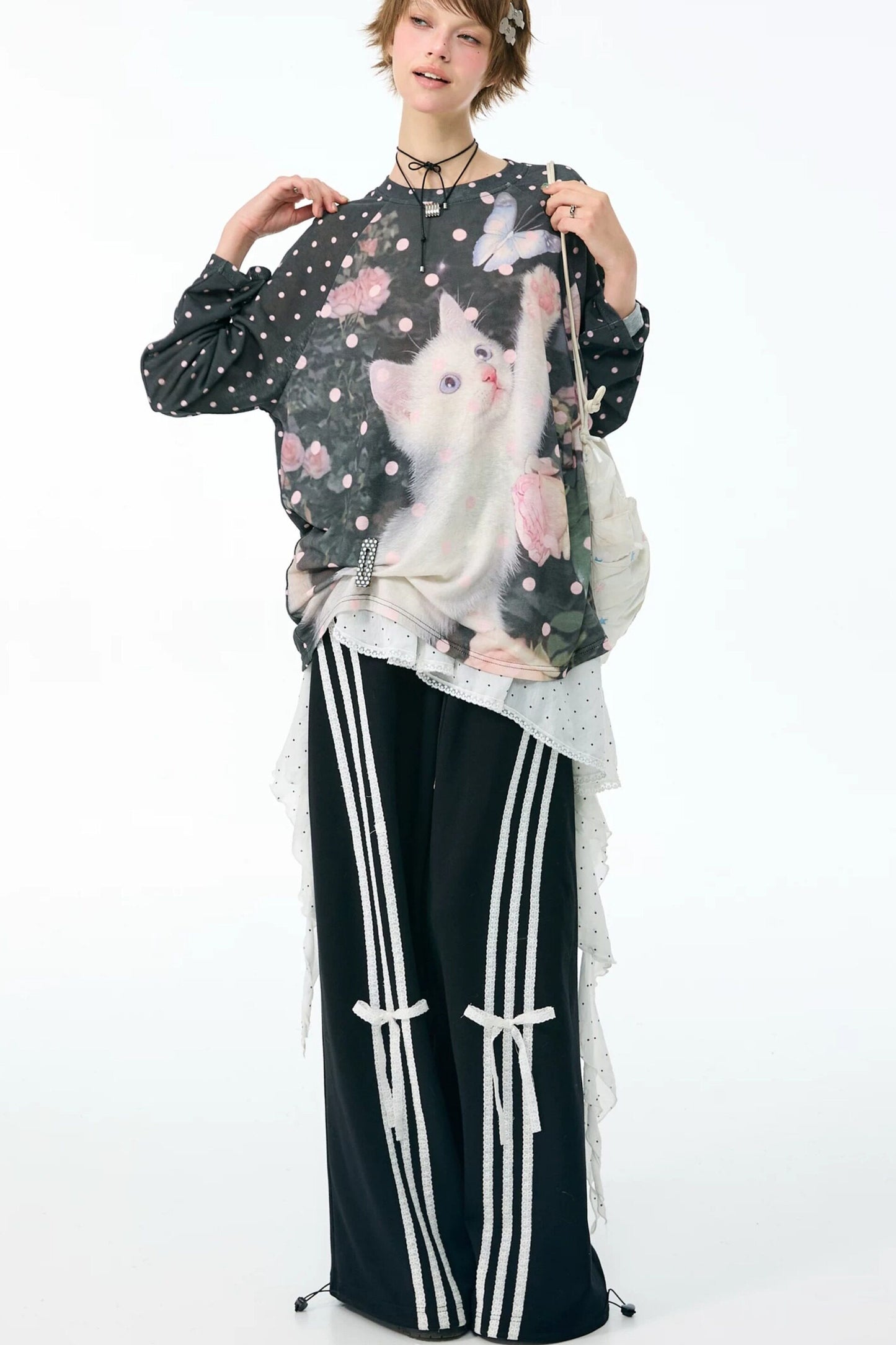 Blouse à imprimé chat et pois