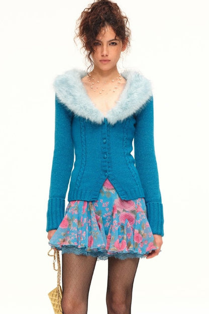 Printed Wool Knit Cardigan and Skirt Set-Up