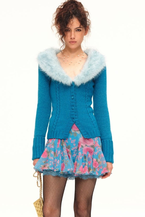 Printed Wool Knit Cardigan and Skirt Set-Up