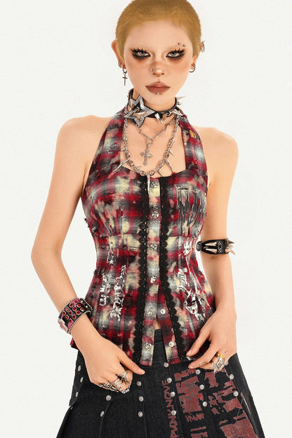 Studded Halter Plaid Camisole