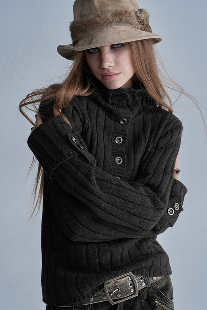 Gerippter Rollkragenpullover mit Knöpfen