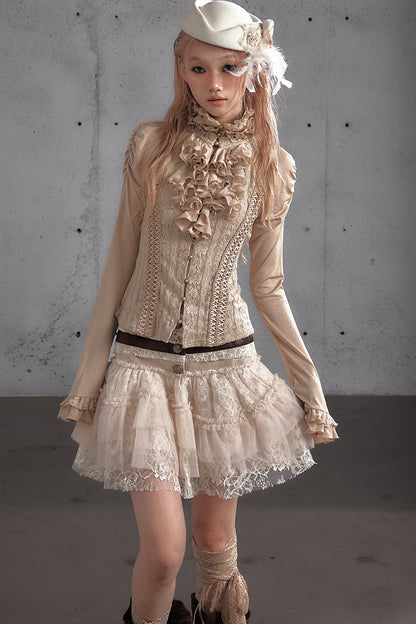 Lace Patchwork Pleated Multi-Layered Puffy Skirt