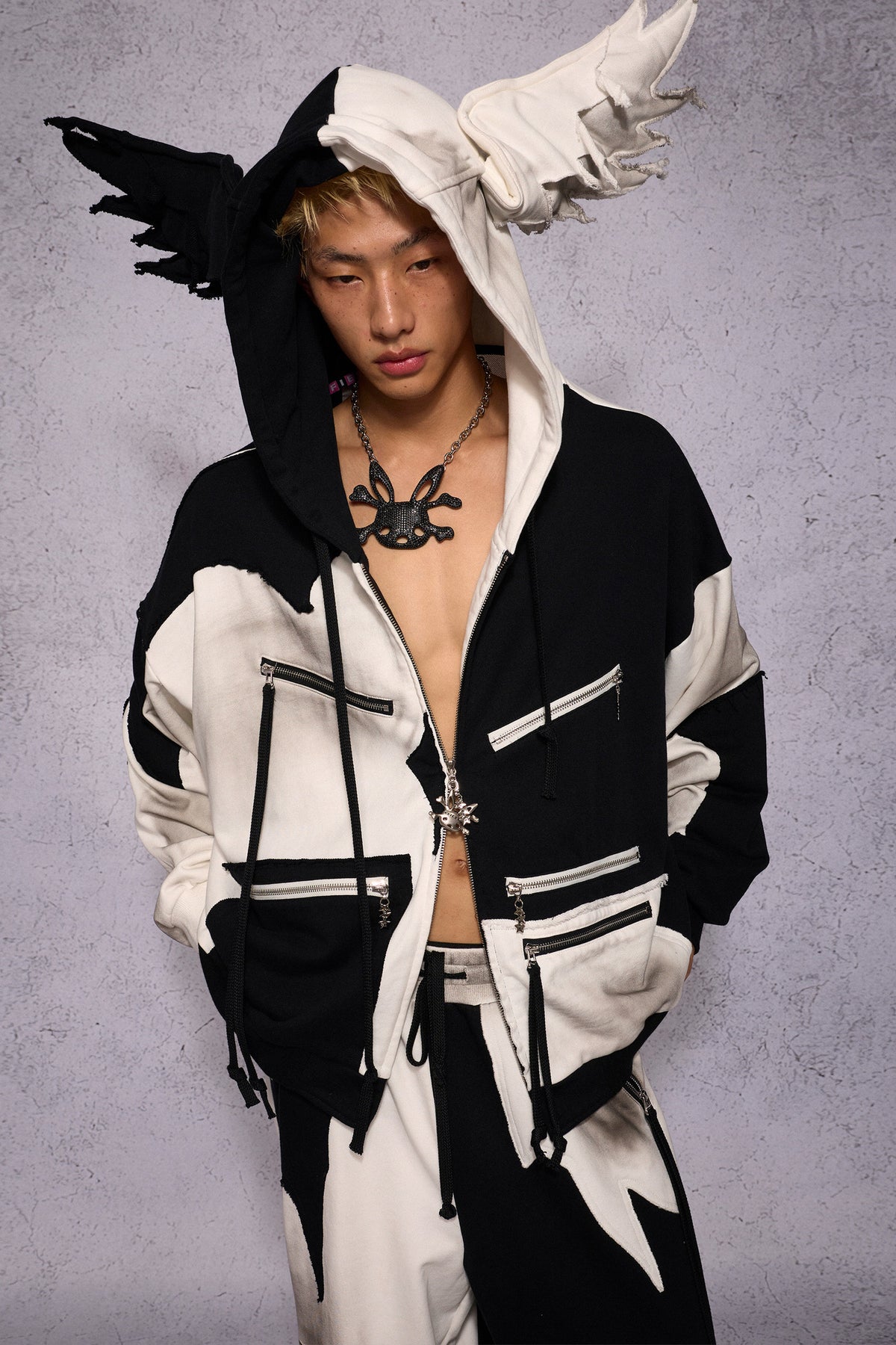 Distressed Black White Angel Zipper Hoodie