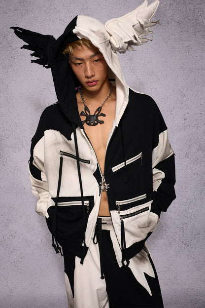 Distressed Black White Angel Zipper Hoodie