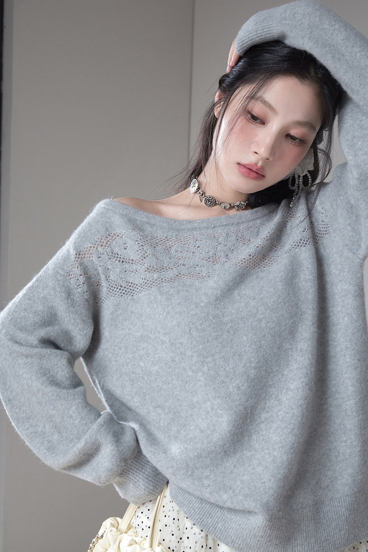 Off-Shoulder Hollow Jacquard Wool Sweater