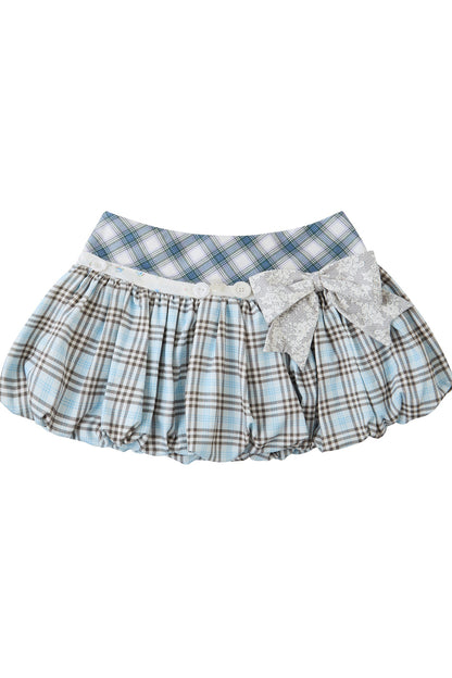 Plaid Patchwork Bow-Decorated Pumpkin Skirt