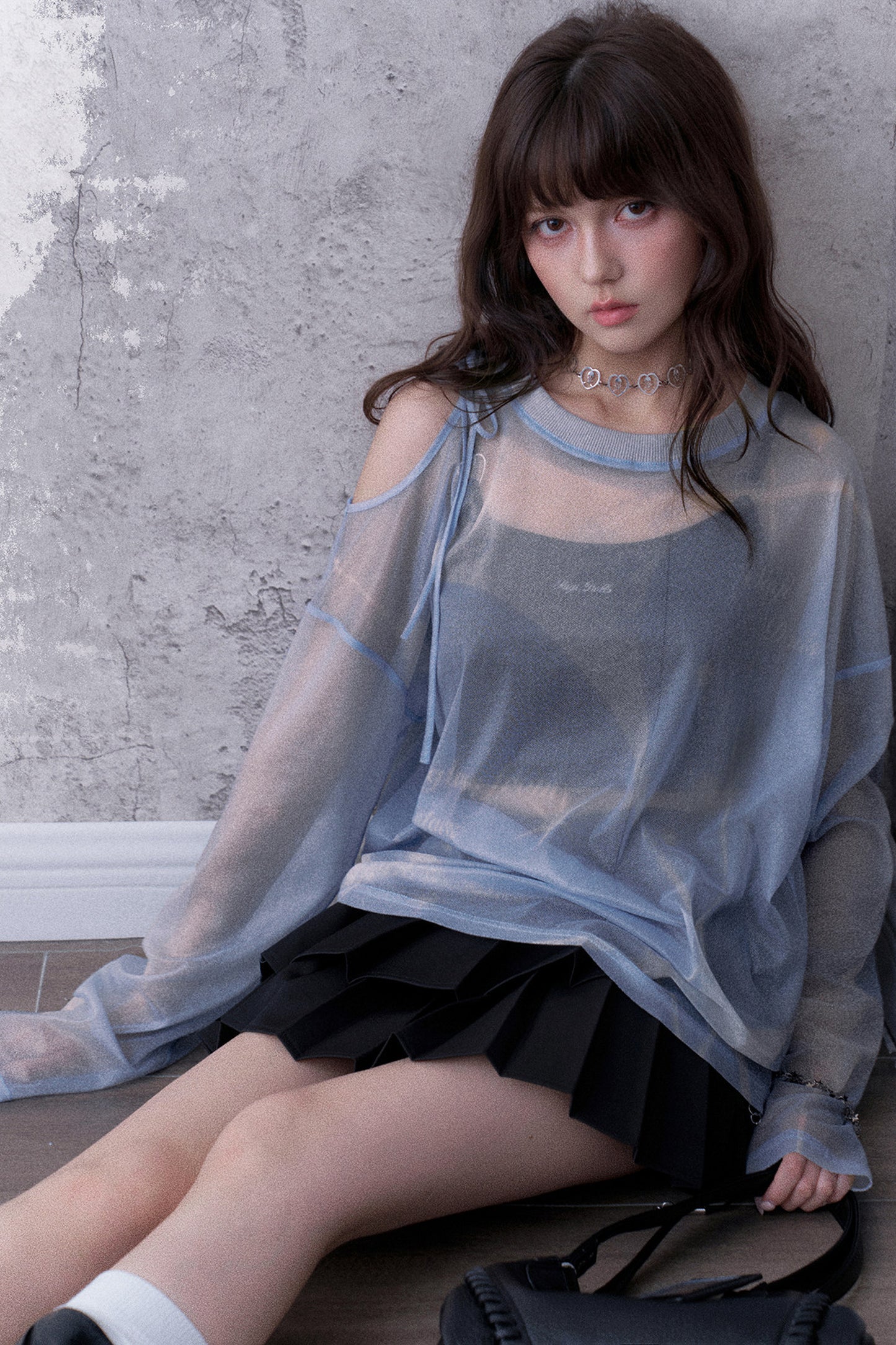 Blue Sparkling Mesh Sweatshirt Style Top