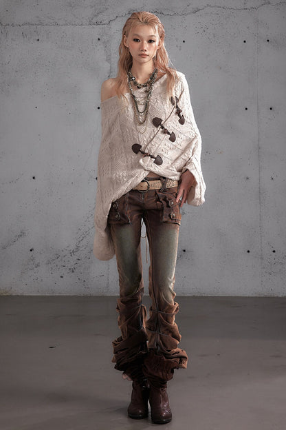 Punk Flocked Ruched Low-Waist Curved Leg Jeans