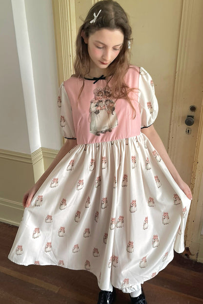 Vintage-Kurzarmkleid mit Puppen-Print