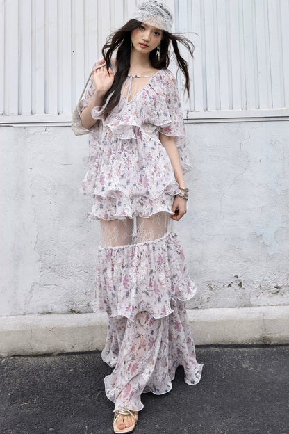 Retro Floral Two-Piece Ruffle Skirt Set-Up