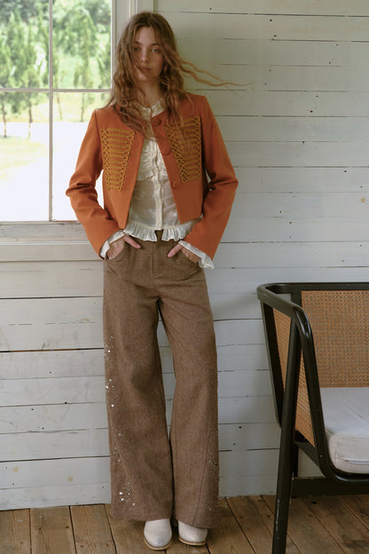 High-Waisted Loose Beaded Patchwork Wool Tweed Pants