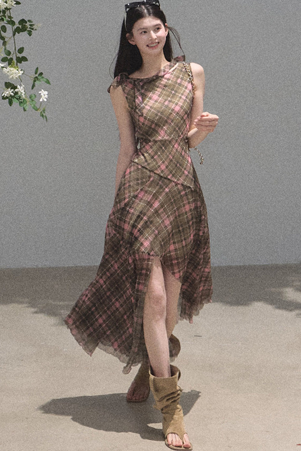 Off-Shoulder Plaid Irregular Tank Dress