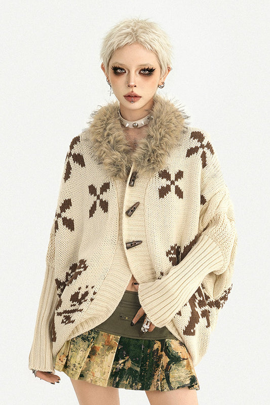 Fur Collar Horn Button Jacquard Cardigan