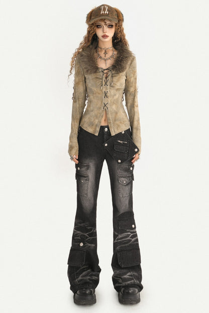 Black Vintage Workwear Flared Jeans