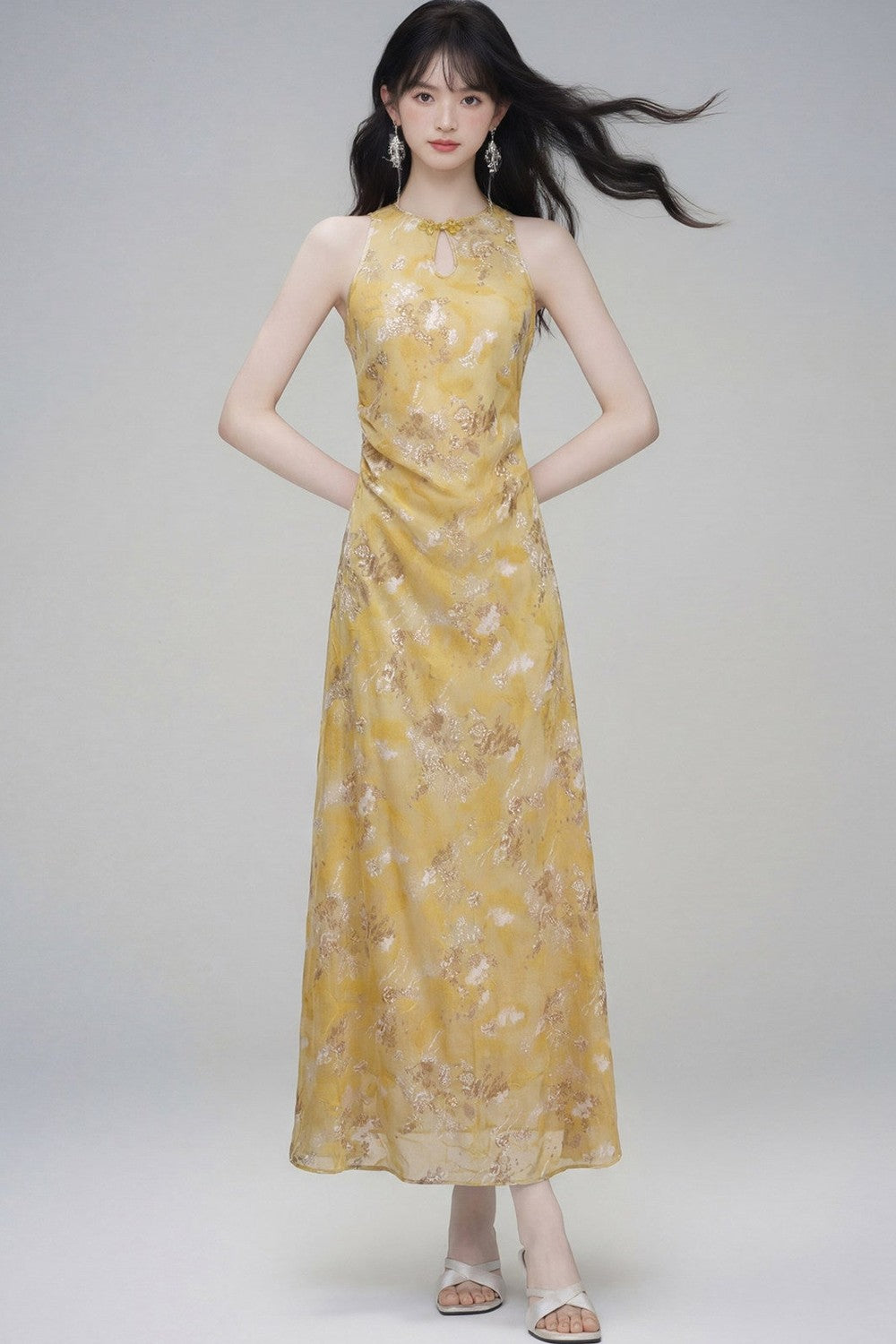 New Chinese Gold Jacquard Dress