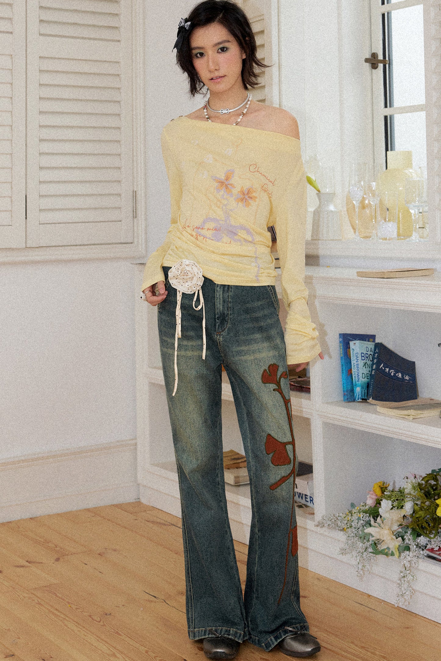 Ginkgo Leaf Embroidered Denim Pants