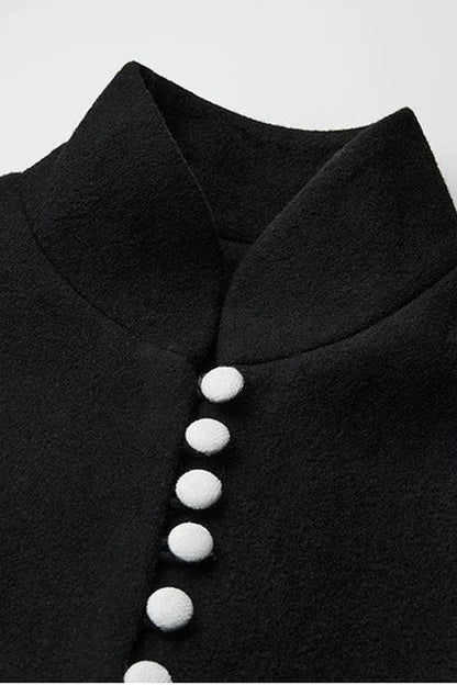 100% Wool Stand Collar Tie-Back Long Coat