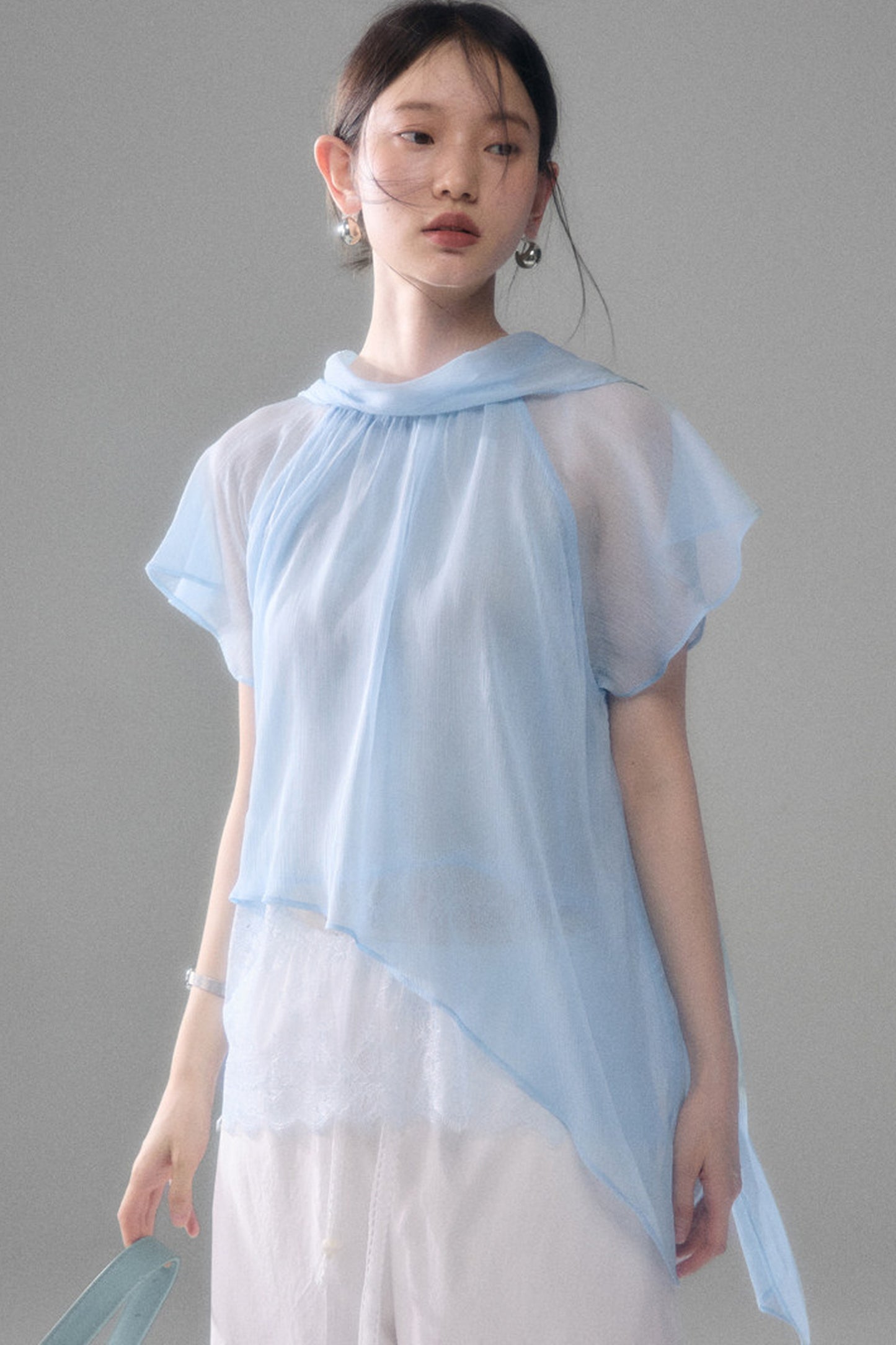 Sheer Blue Lace Ribbon Short Sleeve Top