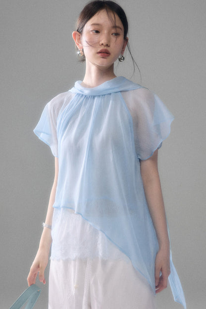 Sheer Blue Lace Ribbon Short Sleeve Top