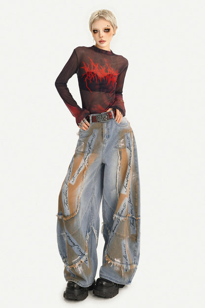 Red Graphic Mesh Long-Sleeved Top