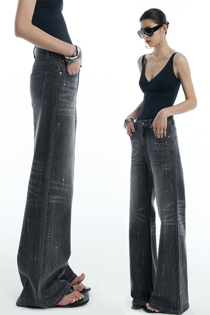 Scattered Rhinestone Wide-Leg Jeans