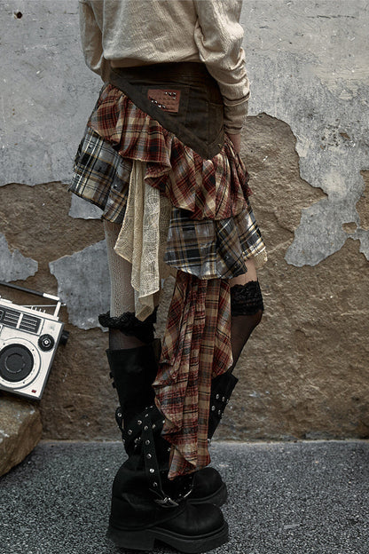 Patchwork Plaid Asymmetrical Skirt