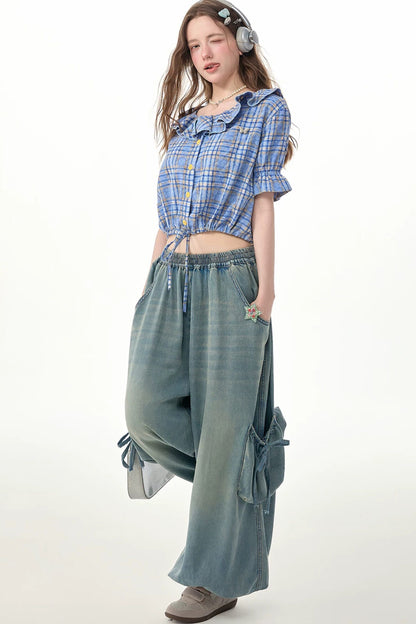 Retro-Jeanshose mit elastischem Bund und weitem Bein