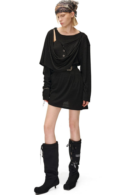 Multi-Wear Layered Waffle Off-Shoulder Ribbon Irregular Dress