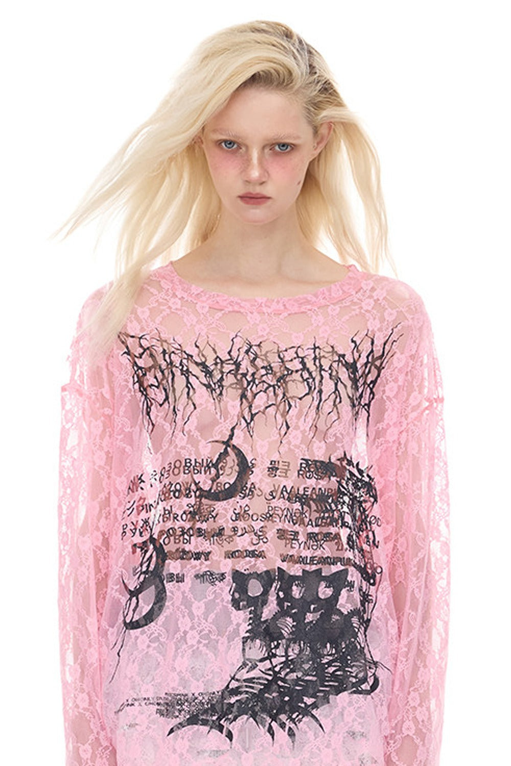 Loose Ripped Lace Cat Print Tee