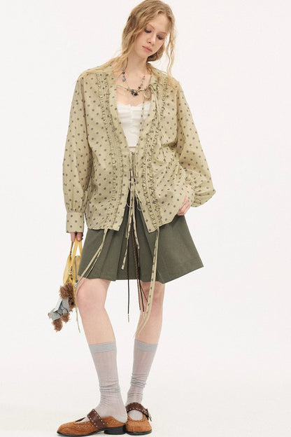 V-Neck Long Sleeve Polka Dot Blouse