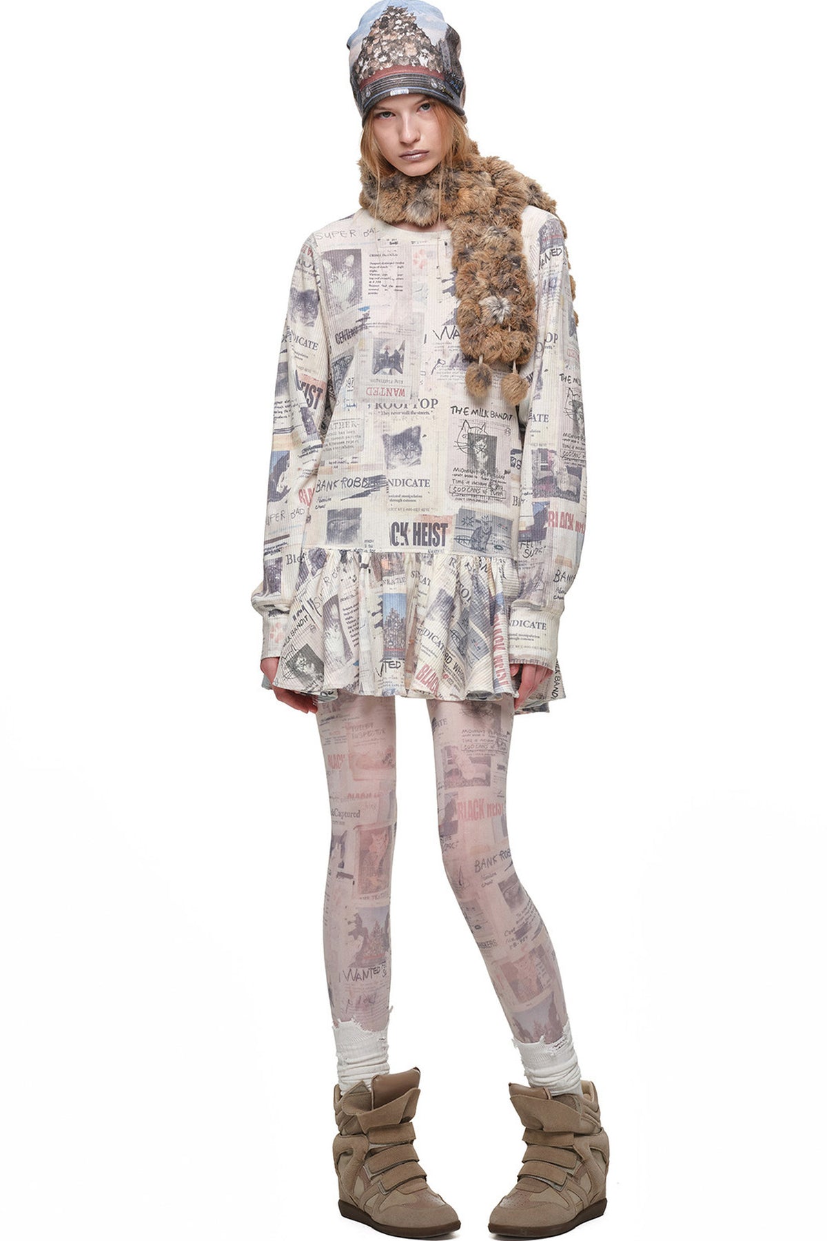 Cat Newspaper Print Waffle Long Sleeve Dress