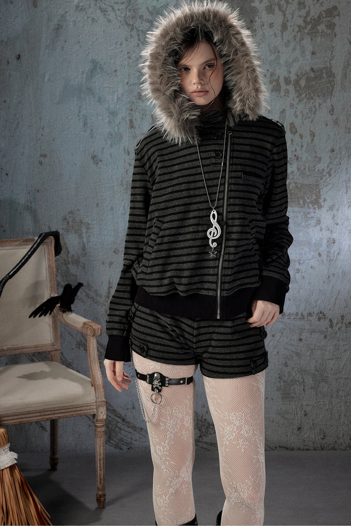 Fur Collar Striped Jacket