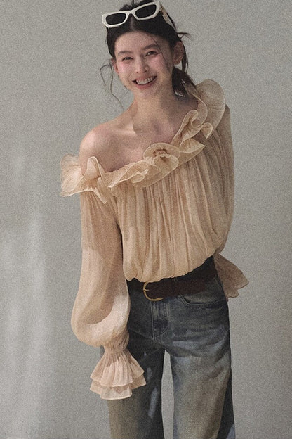 One-Shoulder Ruffle Lantern Sleeve Blouse