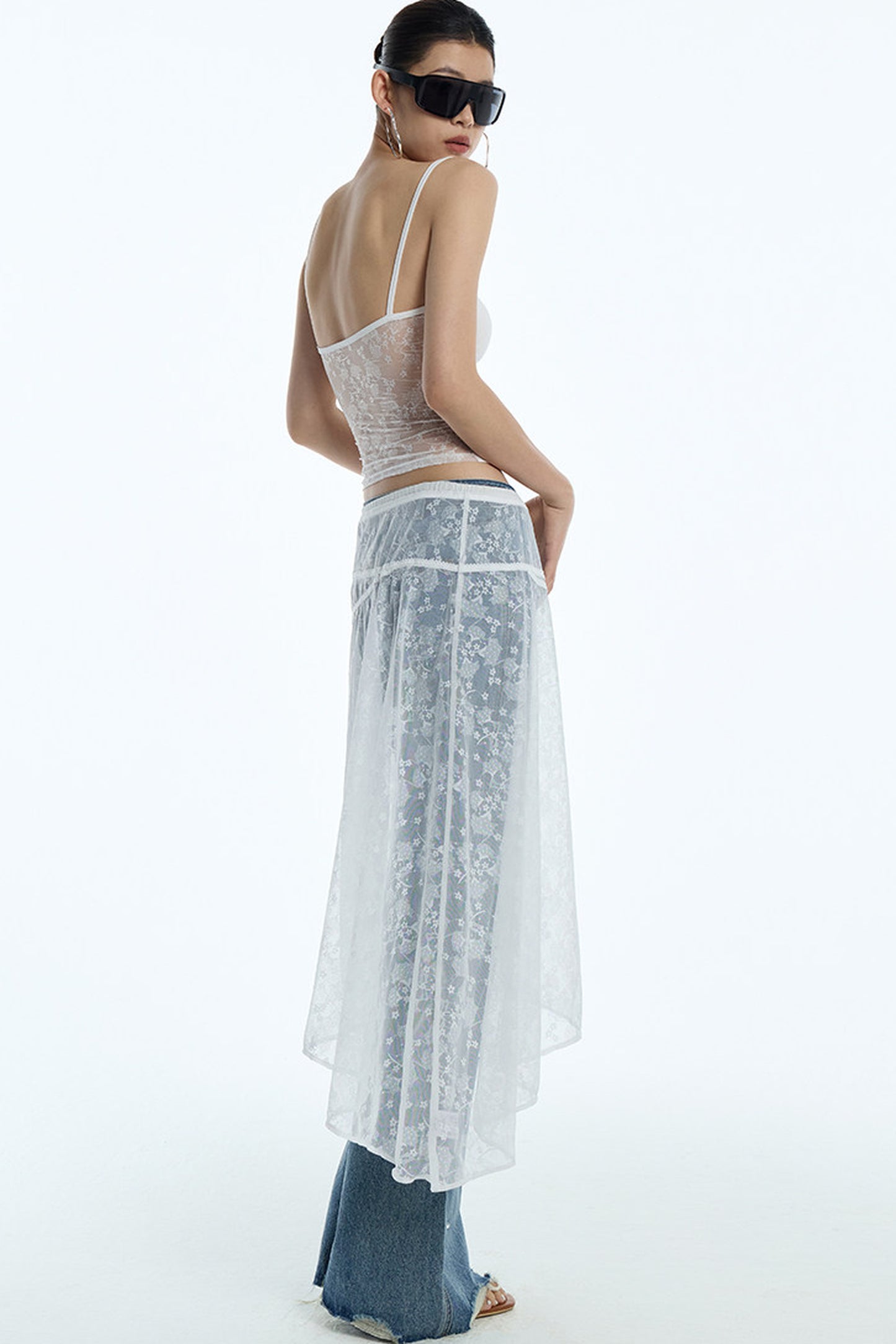Sheer White Lace Side Ruffle Skirt