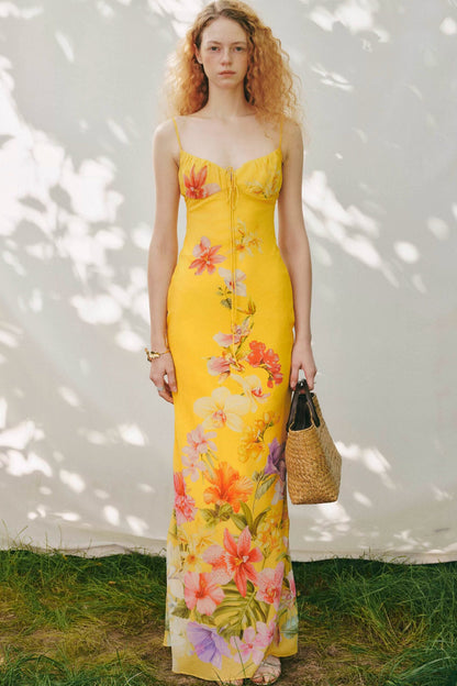 Tropisches handbemaltes Slipkleid mit Blumenmuster und V-Ausschnitt