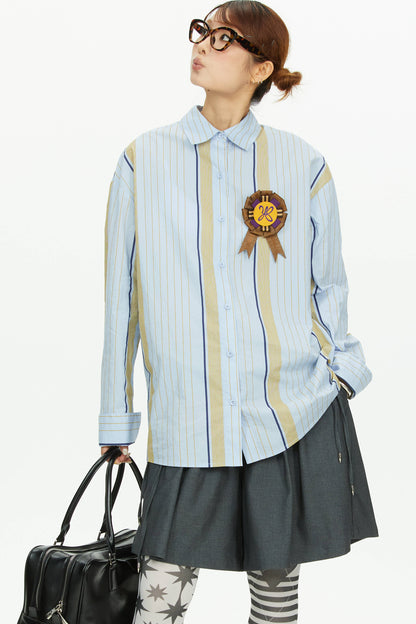 Blue Yellow Contrast Striped Long-Sleeved Shirt