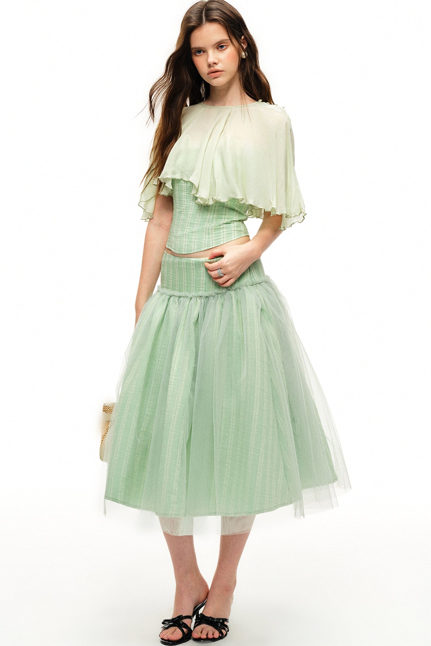 Mint Green Stripe Lyocell Cape and Tulle Skirt Set-Up