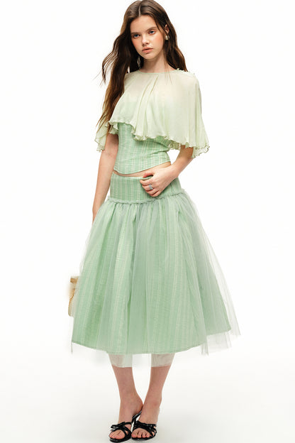 Mint Green Stripe Lyocell Cape and Tulle Skirt Set-Up