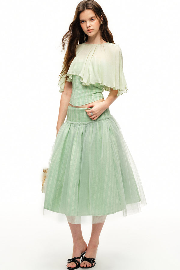 Mint Green Stripe Lyocell Cape and Tulle Skirt Set-Up