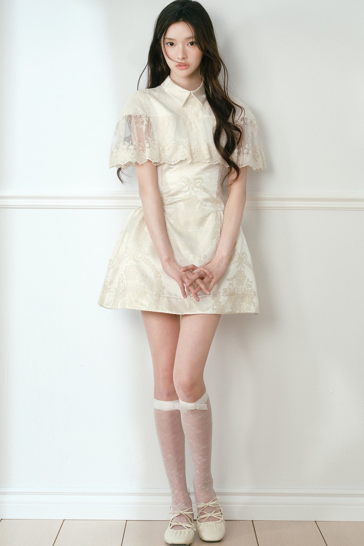 Champagne Satin Jacquard Cape-Style Puffy Dress