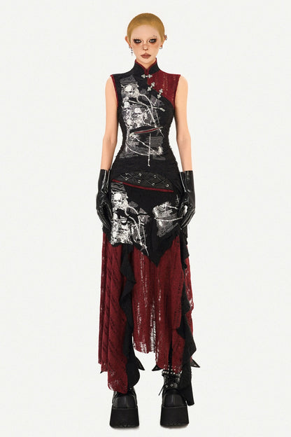 Gothic Cheongsam Sleeveless Top and Long Skirt Set-Up