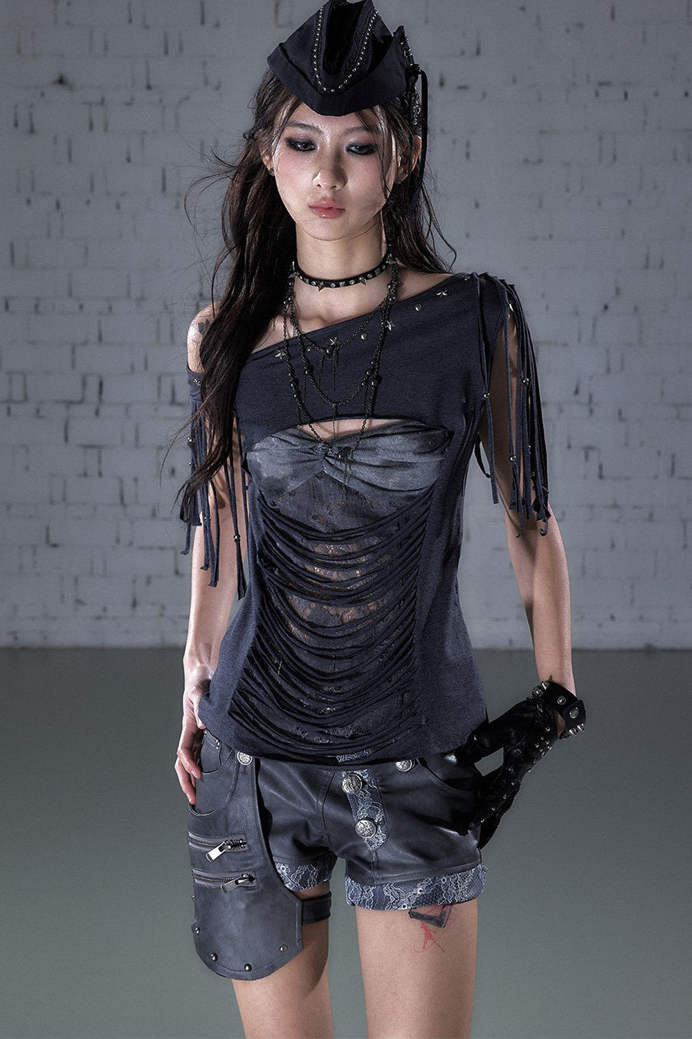 Beaded Lace Off-Shoulder T-Shirt