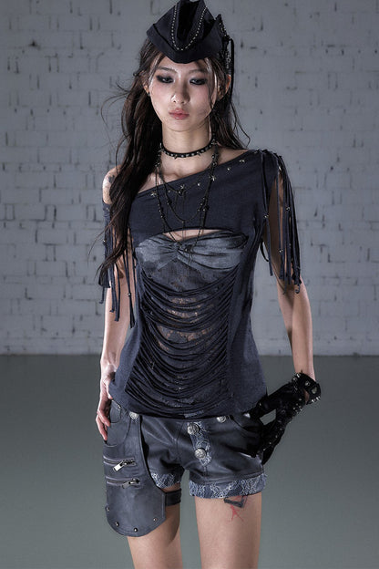 Beaded Lace Off-Shoulder T-Shirt