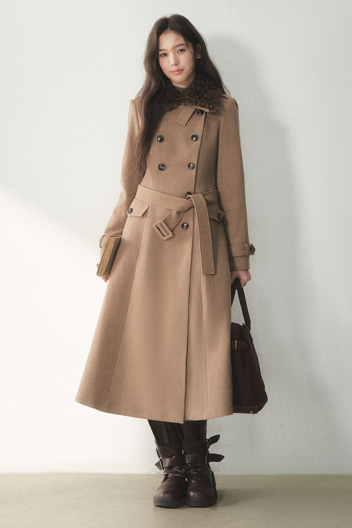 Brown Double-Breasted Wool Coat