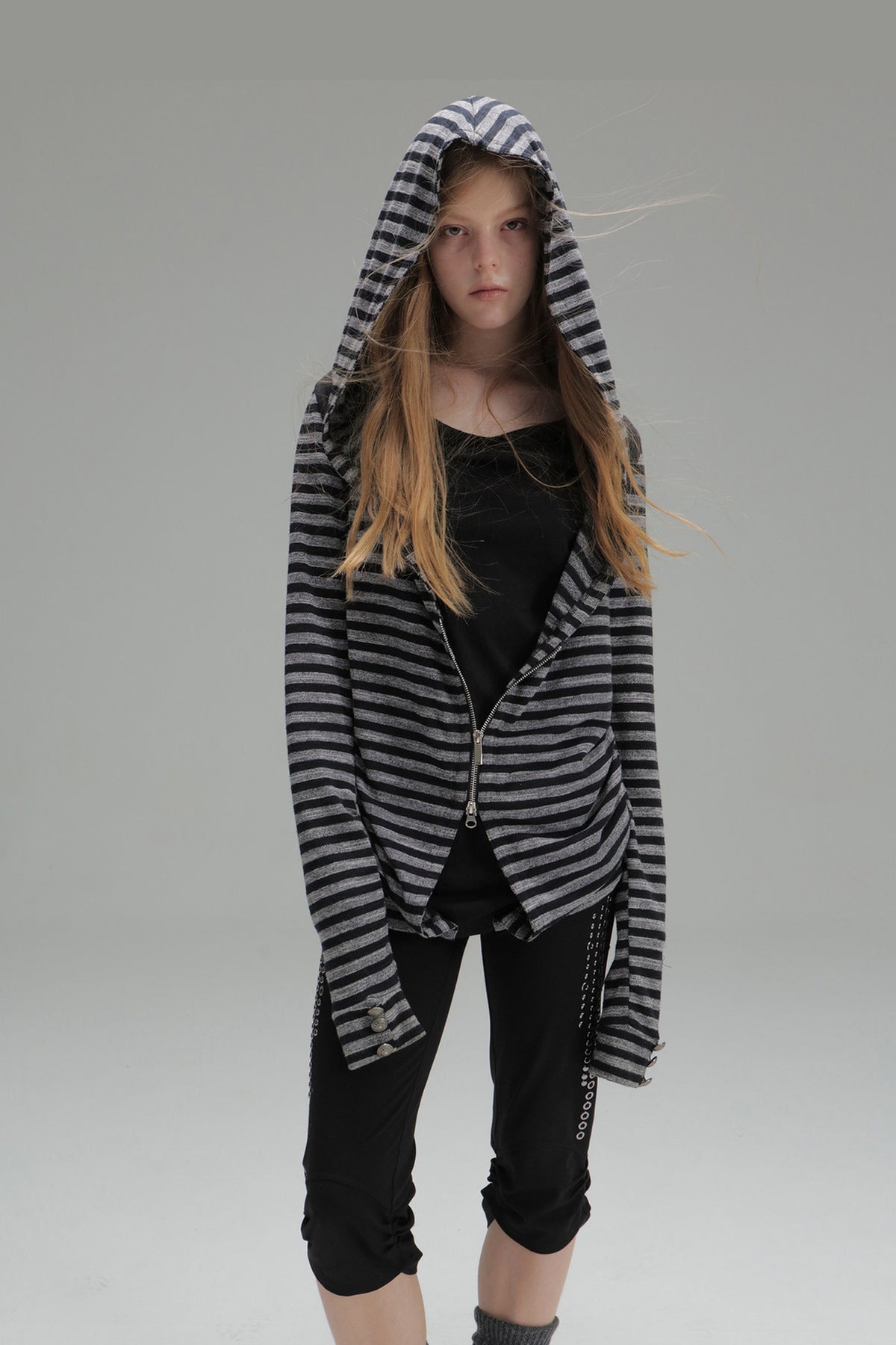 Zipper Long-Sleeved Striped Hoodie