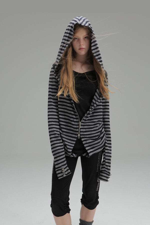 Zipper Long-Sleeved Striped Hoodie
