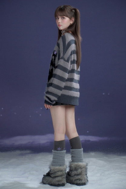 Halloween Meow Black Gray Striped Sweater Set-Up