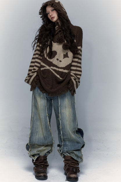 Skull Rabbit Hooded Knit Blouse