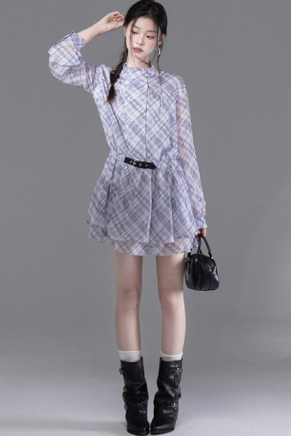 Double-Breasted Deconstructed Double-Layer Plaid Shirt Dress