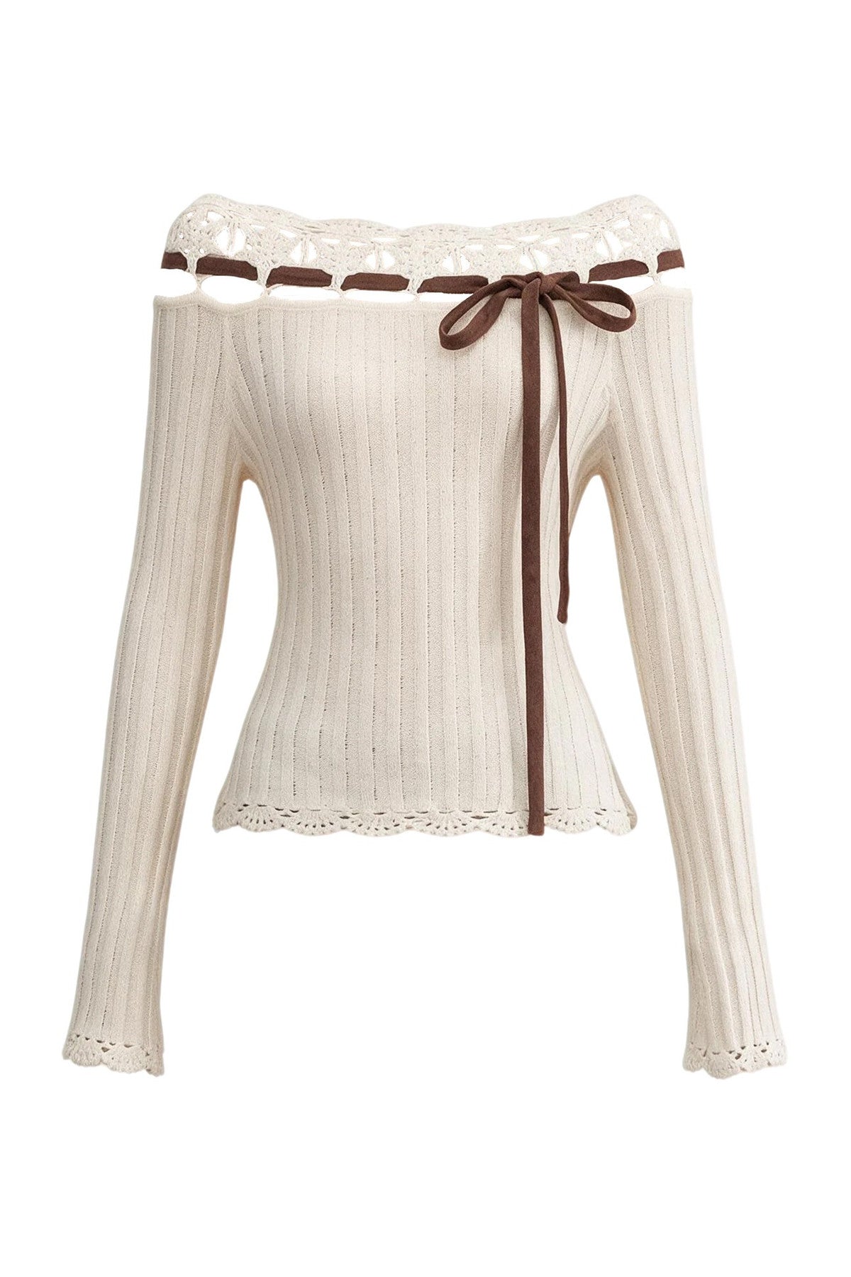 Ribbon Trim Crochet Off-Shoulder Knit Top Set-Up